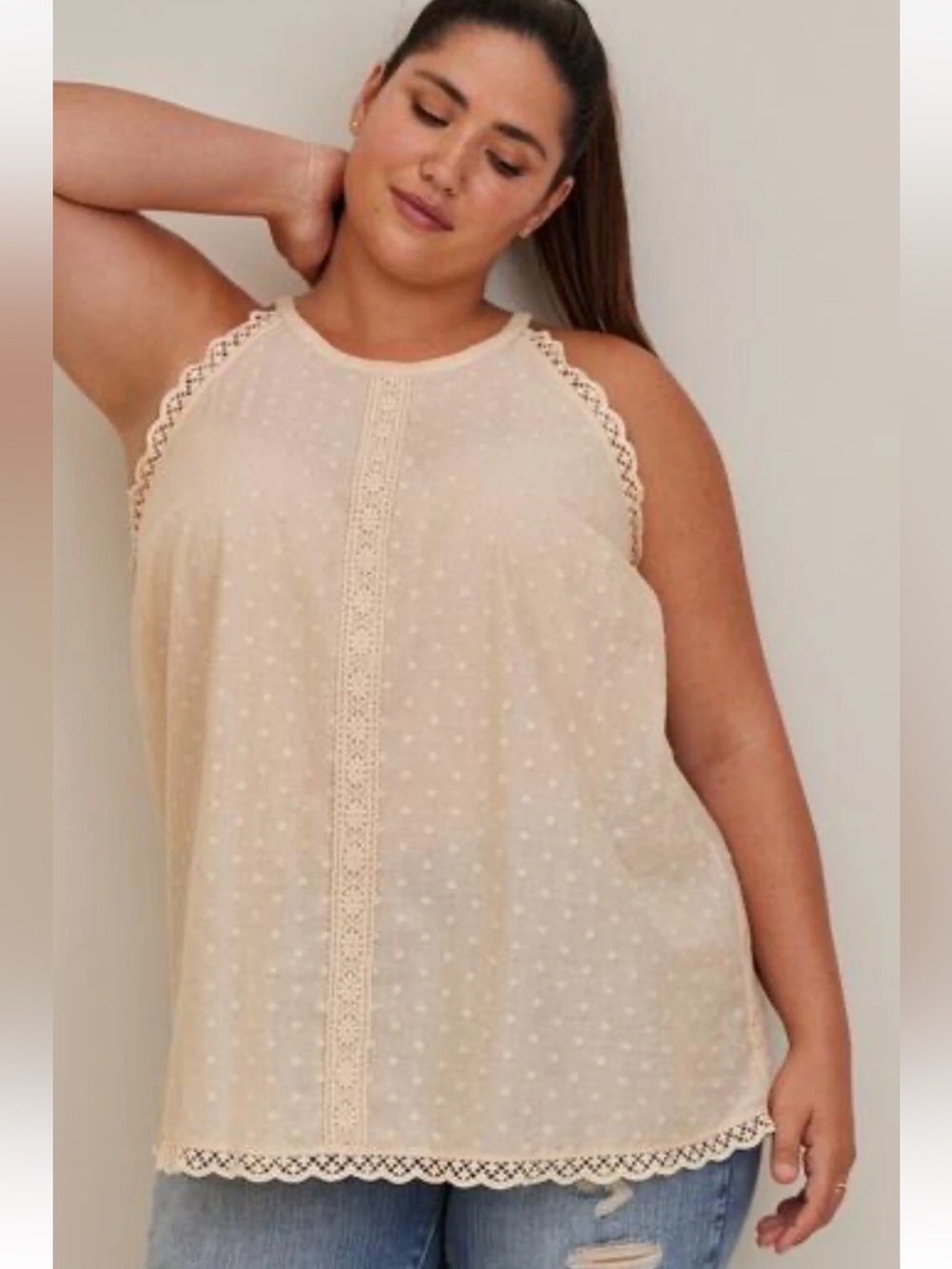 NWT torrid Cream Lace-Trim Swiss Dot Halter Tank Size 3XL French neckline